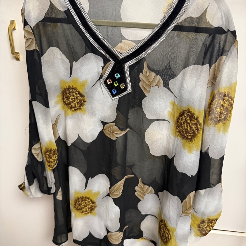 Black Sheer Floral V-Neck Women's Top with Embellished Trim